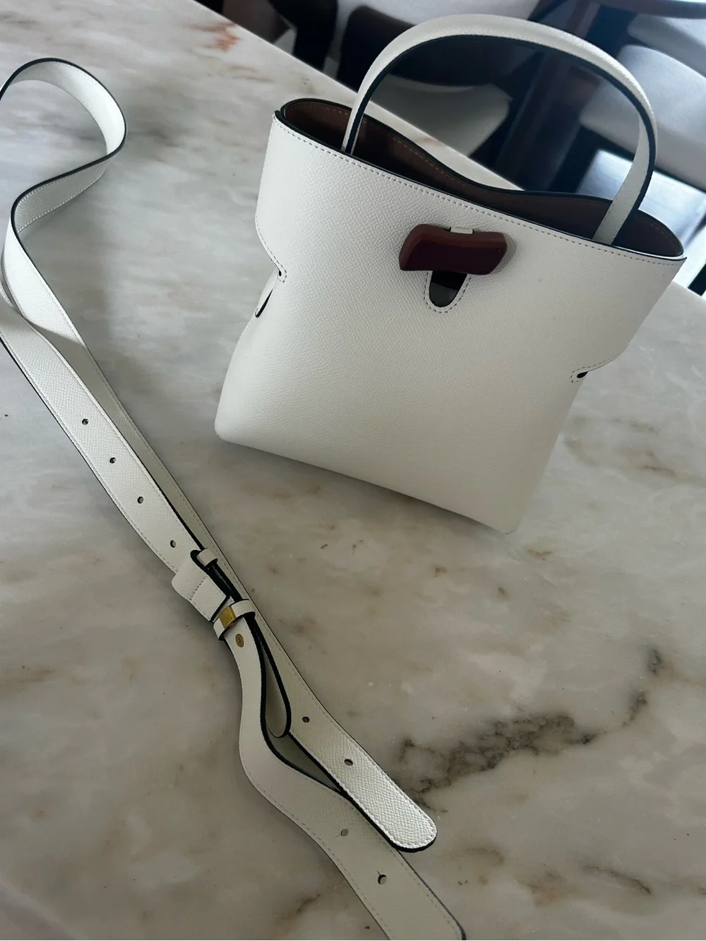 Cream Leather Top-Handle Tote with Brown Accent
